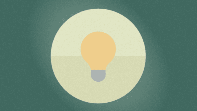 A stylized illustration of a light bulb with a yellow glow in the center of a circular design, set against a dark green background.