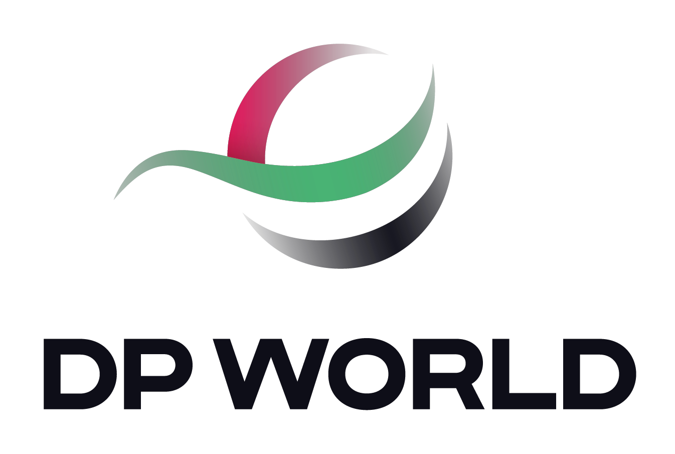 Logo of DP World, featuring a stylized globe with red and green curved lines intersecting it, positioned above the text 