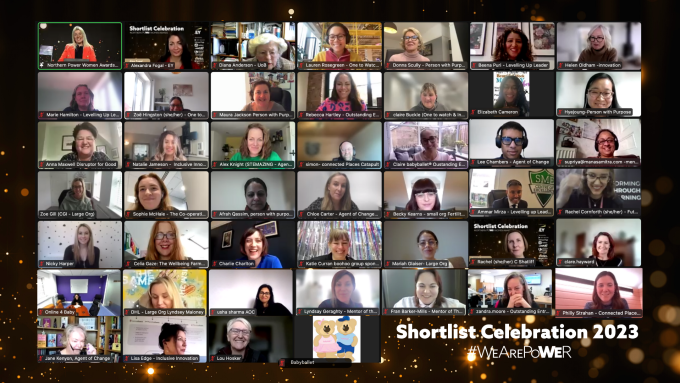 Screenshot of a virtual meeting with numerous participants on the screen. Text overlay reads, "Shortlist Celebration 2023" and "#WEAREPOWER" in the bottom right corner.