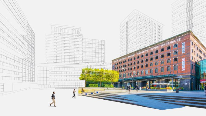 A red-brick building labeled "Rare & Strange William Vaughan's Goods Warehouse" and a few people on a street are surrounded by sketched outlines of tall modern buildings.