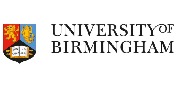 The image shows the logo of the University of Birmingham, featuring a crest with a lion and book, alongside the university's name in black text.