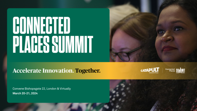 Banner for the Connected Places Summit 2024, with the theme 'Accelerate Innovation. Together.' Held at Convene Bishopsgate 22, London & virtually, March 20-21, 2024.