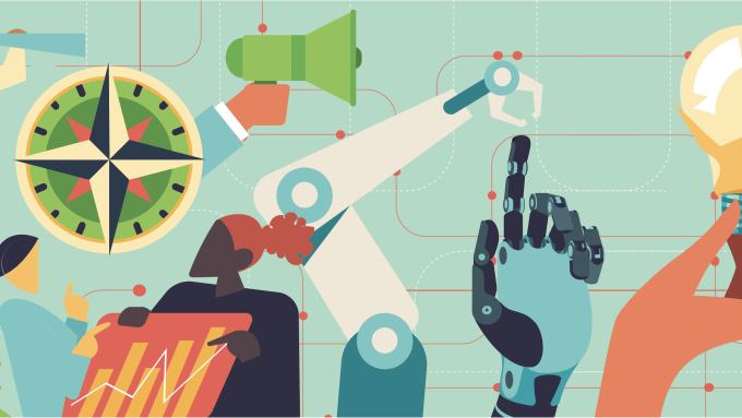 Various colourful illustrations featuring researchers, a lightbulb, robotic arm, compass and rocket