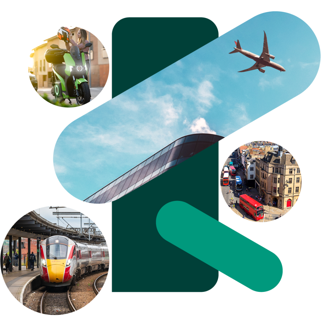 Collection of images related to transport, featuring a train, plane, busses and cars, e-bikes