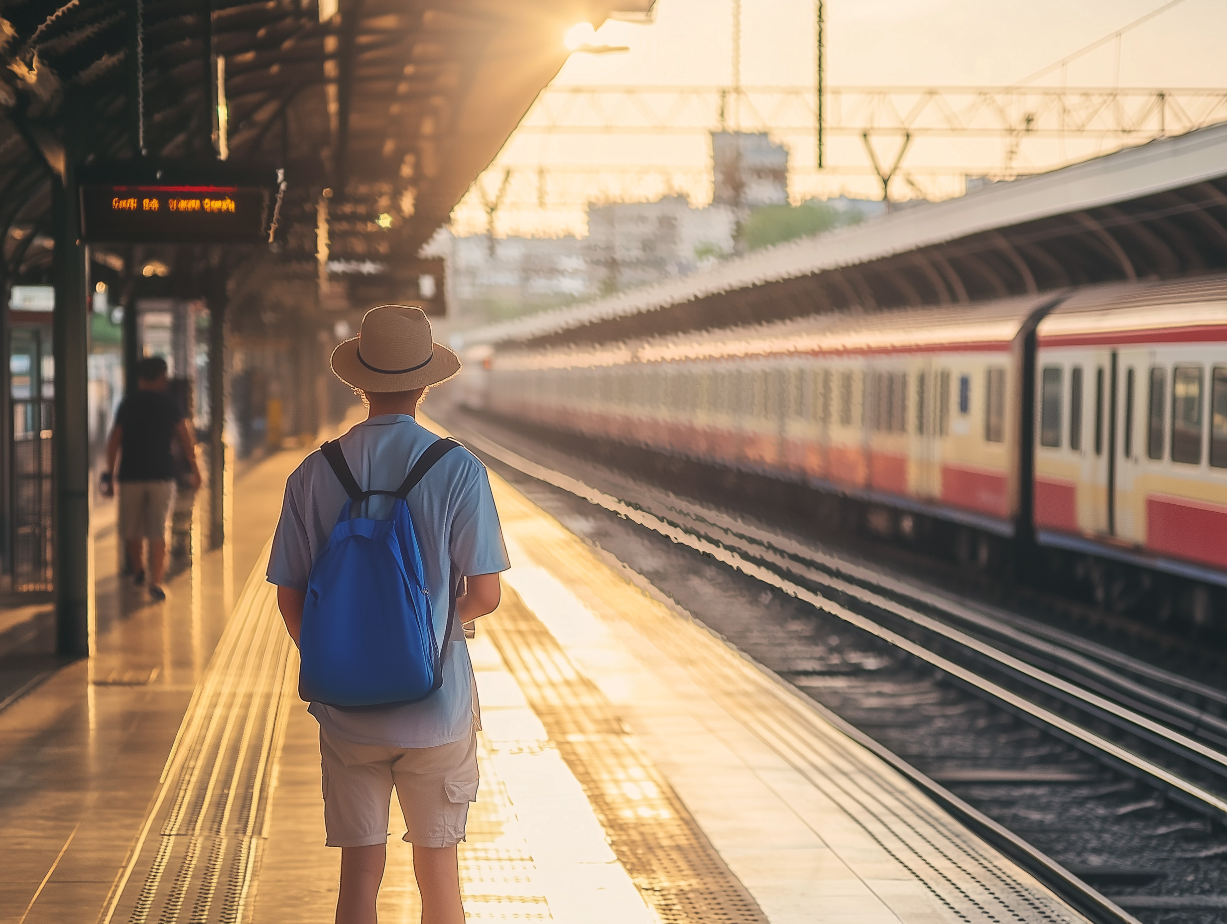 A person wearing a sun hat, light clothing, and a blue backpack stands on a train platform in intense heat. The sun casts a golden glow over the station, with visible haze and condensation blurring parts of the scene. A train waits on the opposite track, and the overall atmosphere feels hot and humid, suggesting a sweltering summer day.
