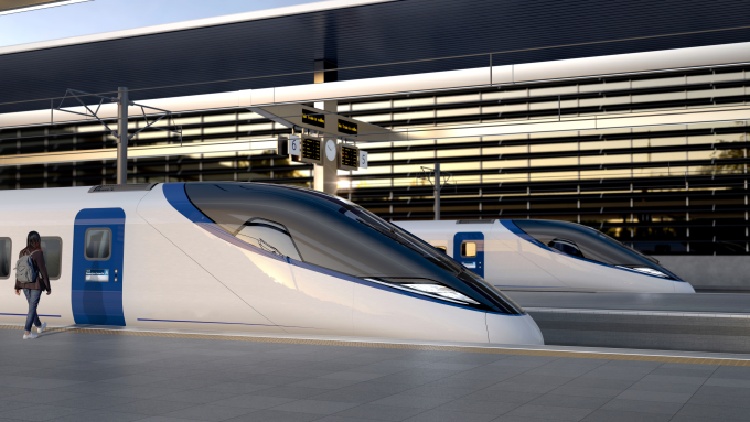 An artist impression of a HS2 train at a platform