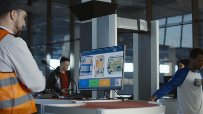 Airport security worker observes a bag scanner on screen whilst passengers walk through a security archway