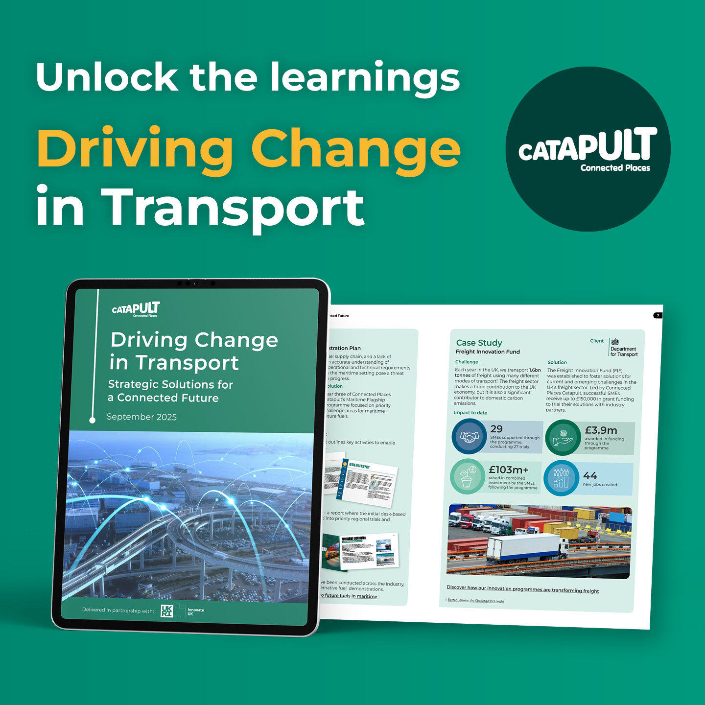Image depicts the cover of the report with an insight to the content on the report next to it. Text reads, Unlock the learnings and title of report.