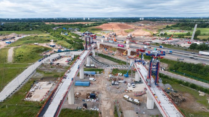 An aerial view of a HS2 site preparing for major motorway bridging works