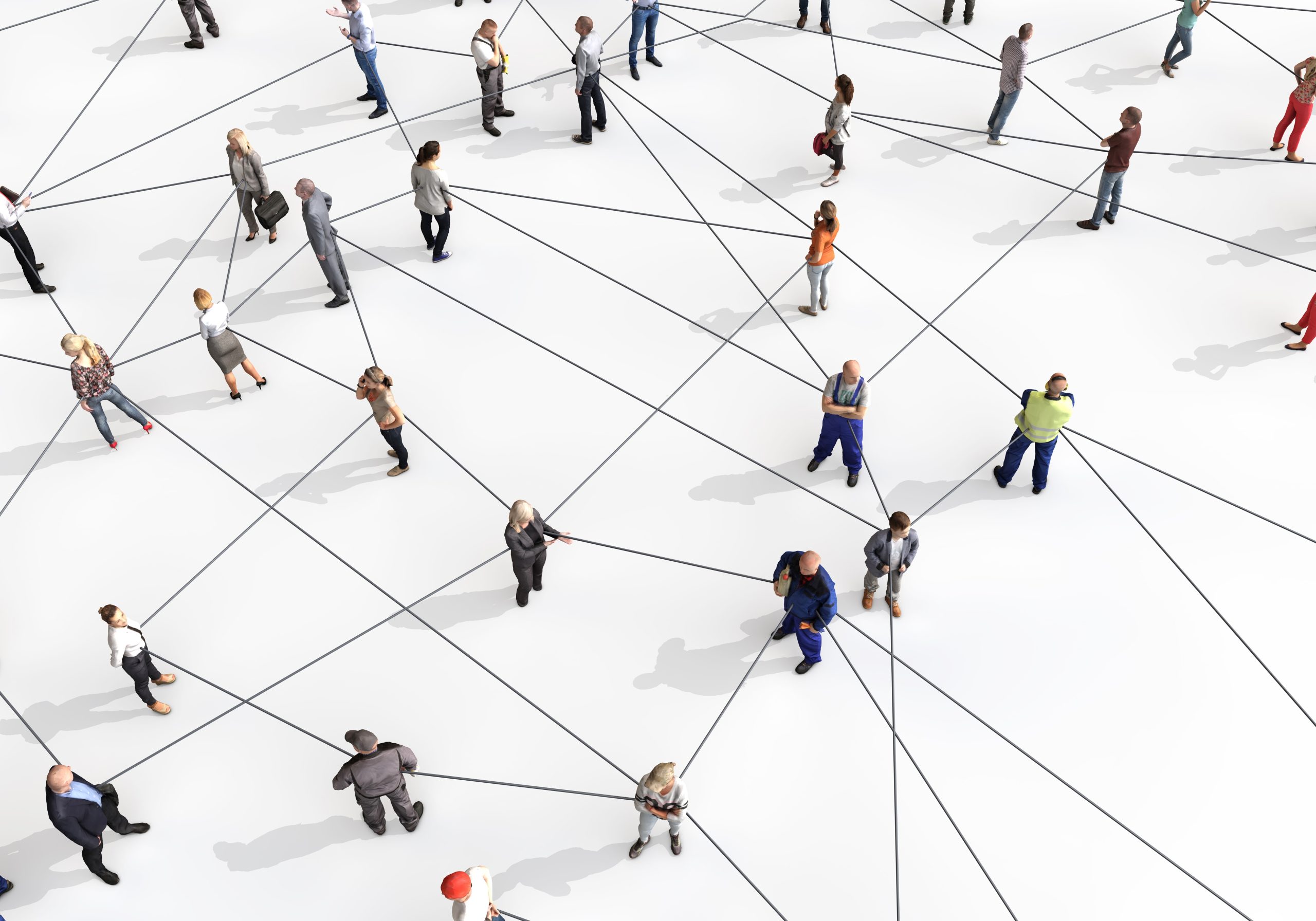 Large group of diverse people connected by lines.
