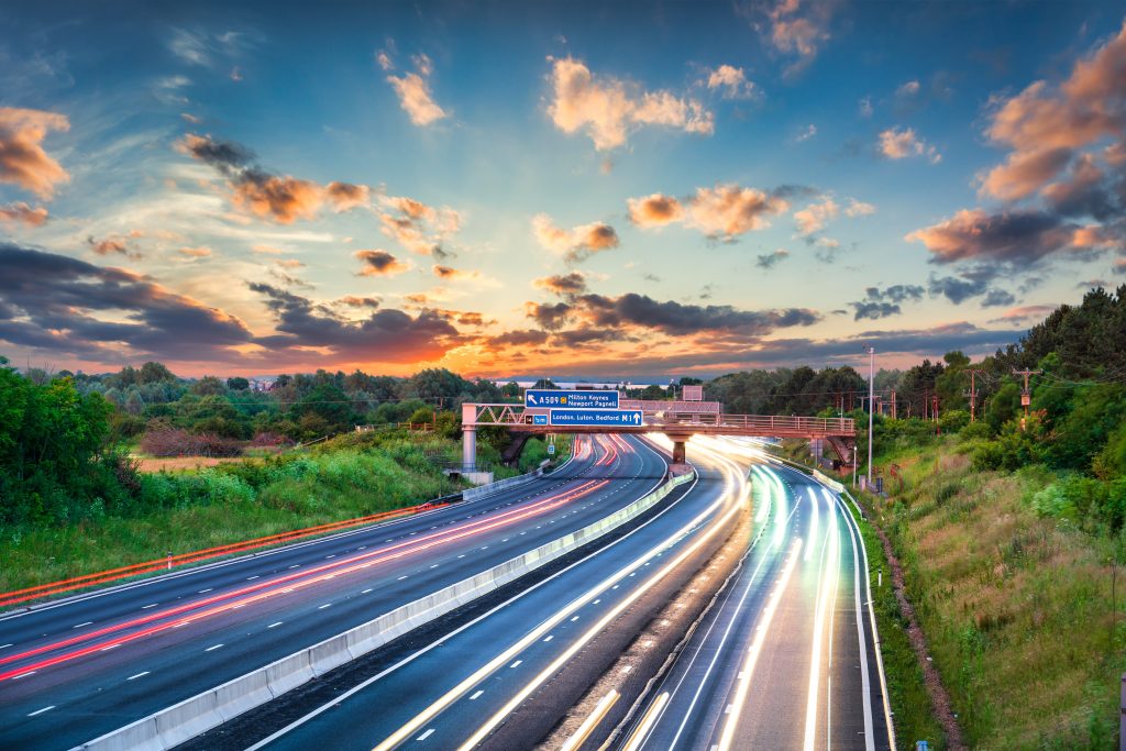 M1 motorway at sunset in England. United Kingdom