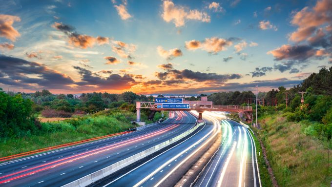 M1 motorway at sunset in England. United Kingdom